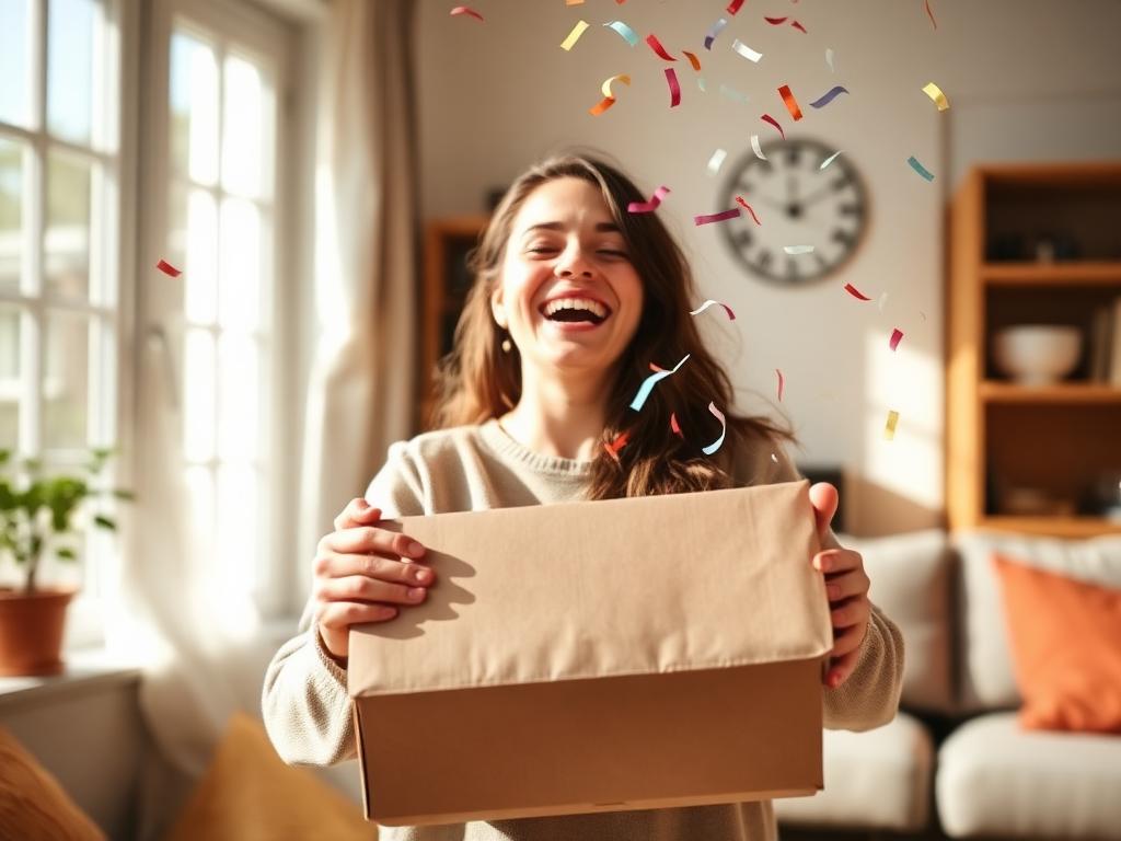 Person öffnet fröhlich ein neutrales Paket, Konfetti in der Luft