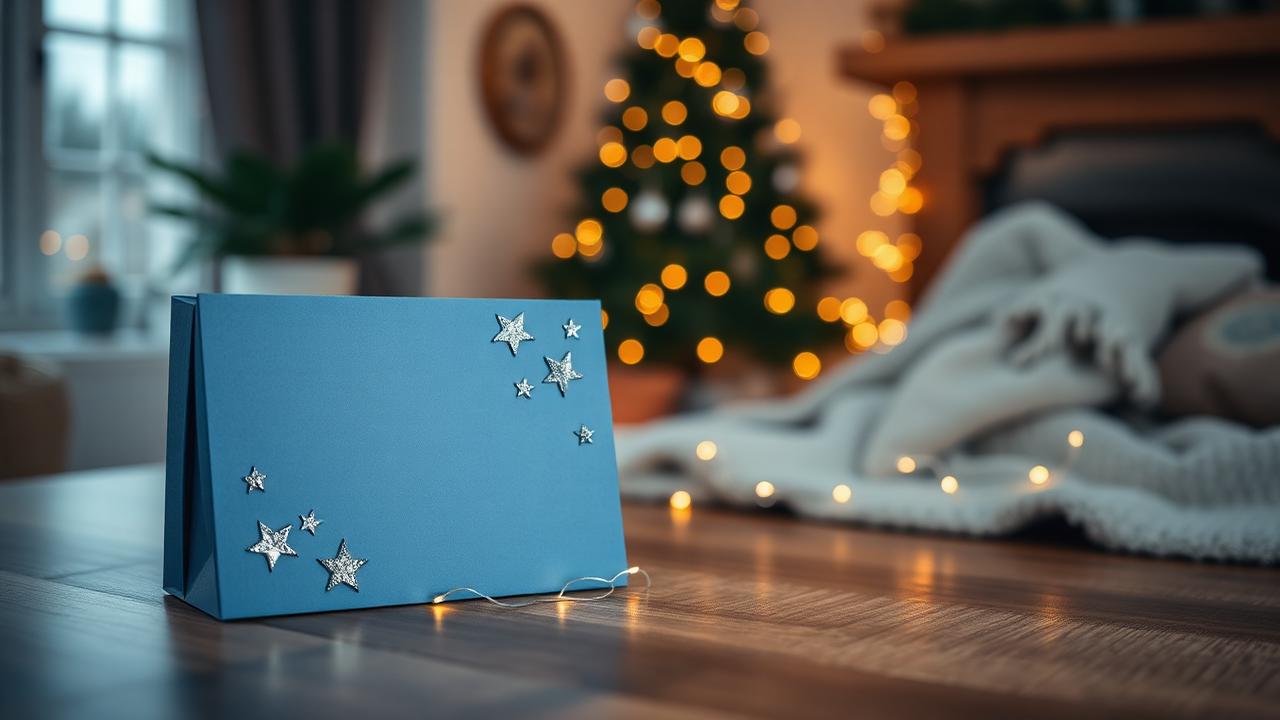 Blank blue gift card with silver stars in a cosy living room with fairy lights