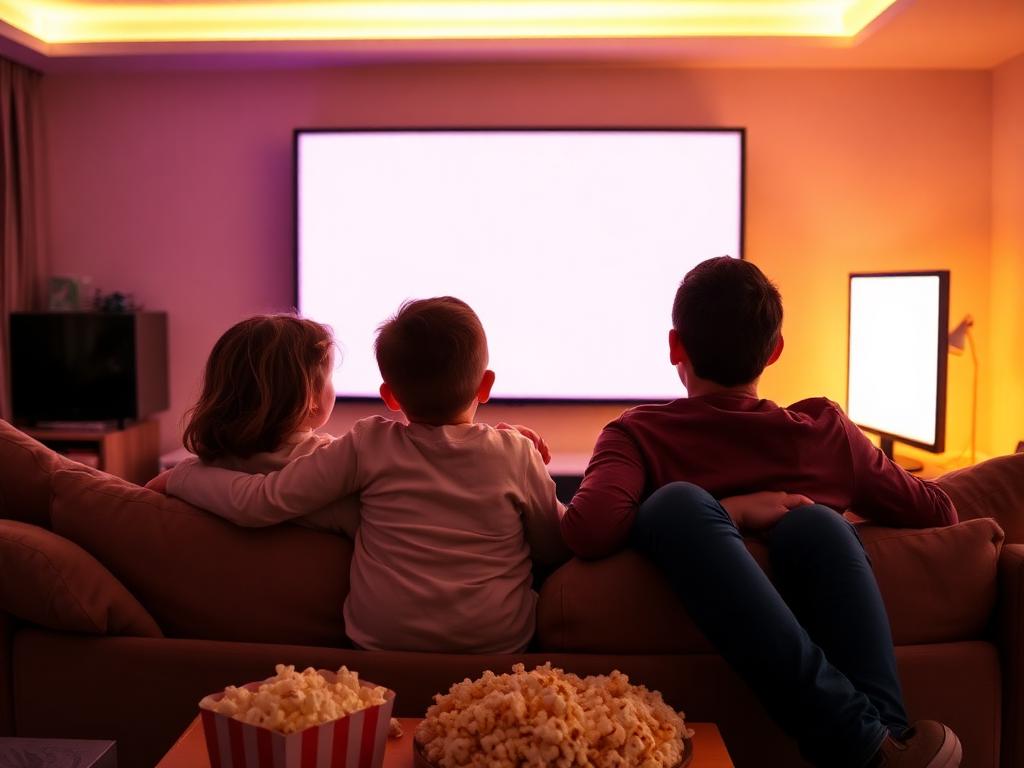 Family with two children watching a film on the sofa with popcorn