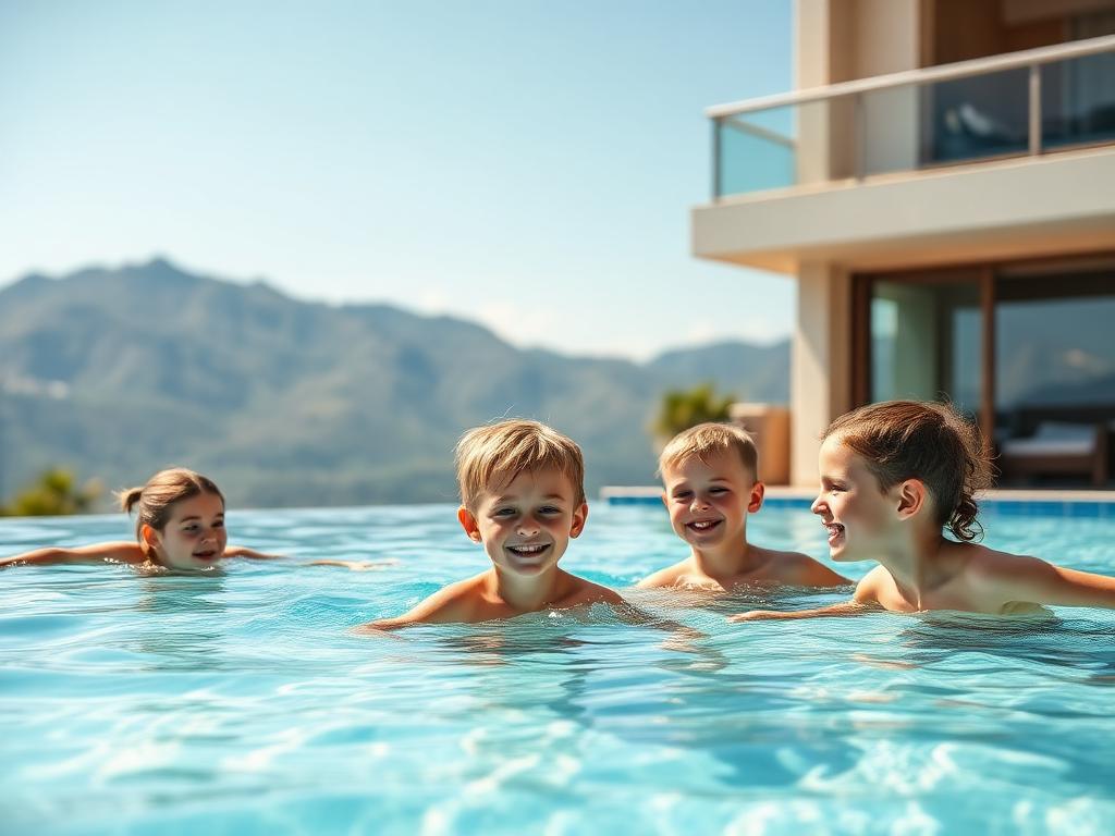 Children playing in a hotel pool on a sunny holiday
