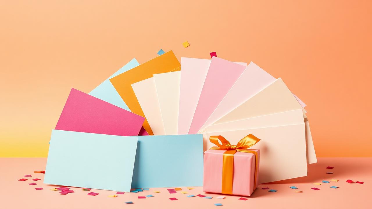 Colourful blank gift cards fanned out with confetti and a small gift box