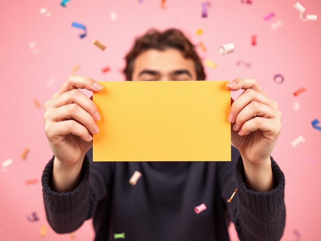 Person holding up a blank colourful gift card as confetti falls