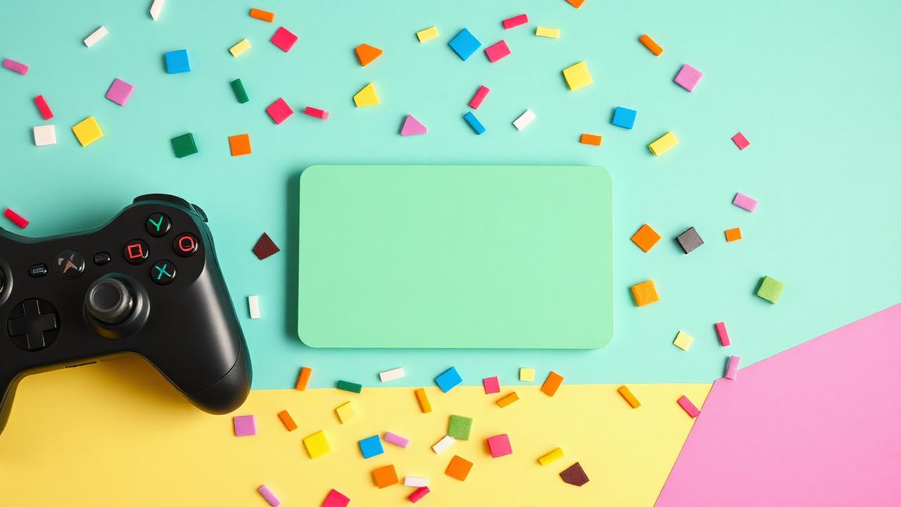 Colourful flat lay with a blank card and a generic game controller