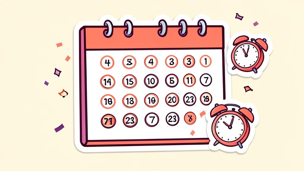 Illustration: Wandkalender mit markierten Terminen und Weckern