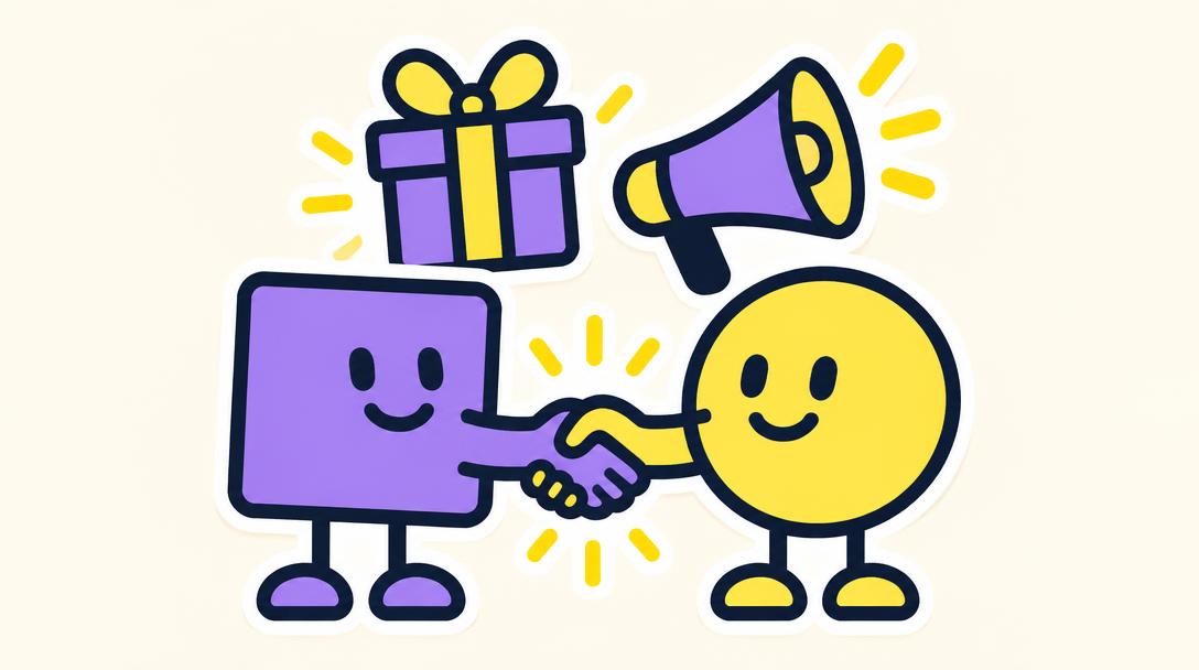 Illustration: Zwei Figuren geben sich die Hand unter Geschenk und Megafon