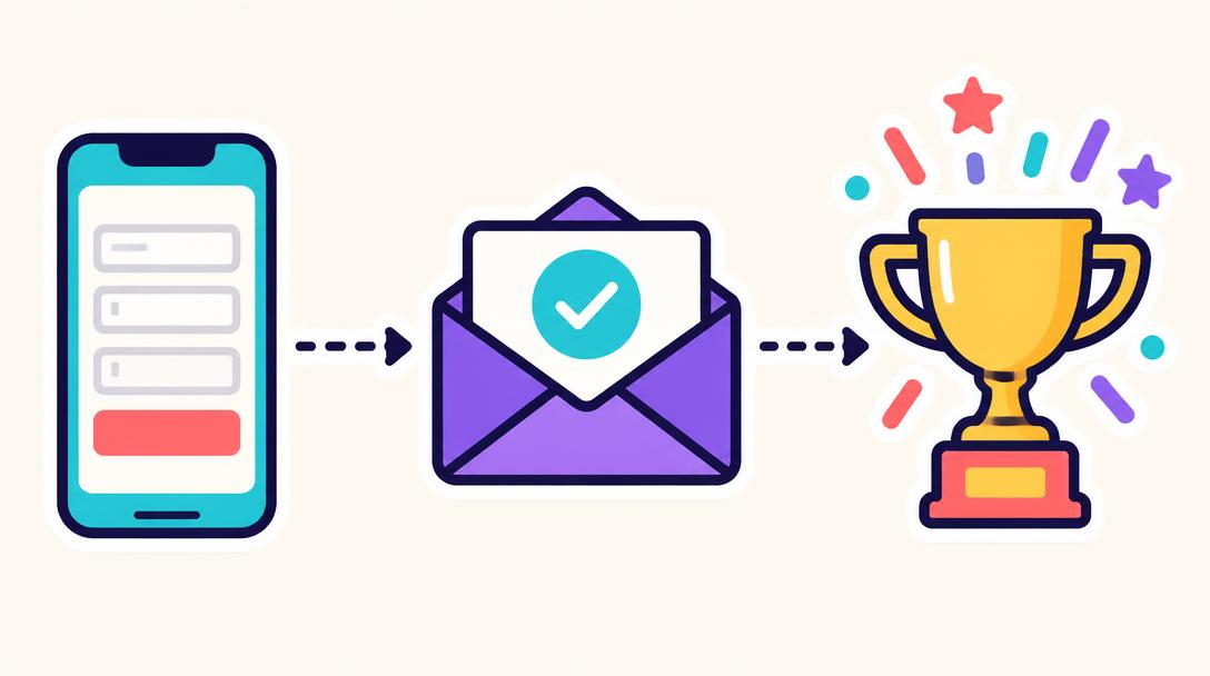 Illustration of three steps: a form on a phone, a confirmed email, a trophy