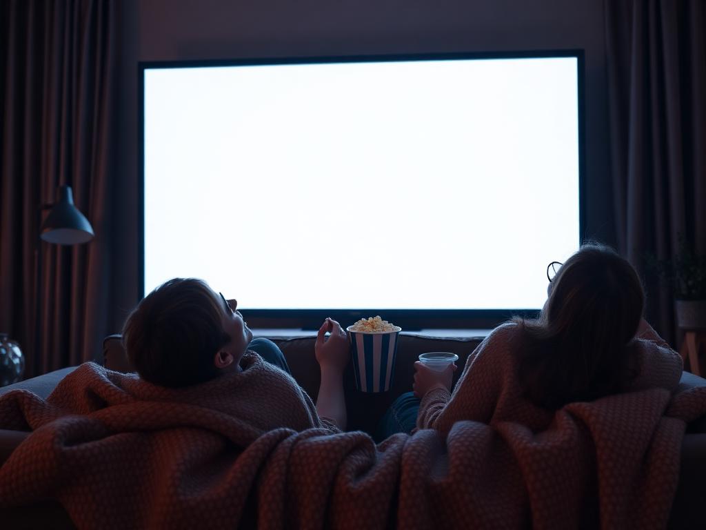 Freunde schauen gemeinsam auf einen leuchtenden, leeren Bildschirm