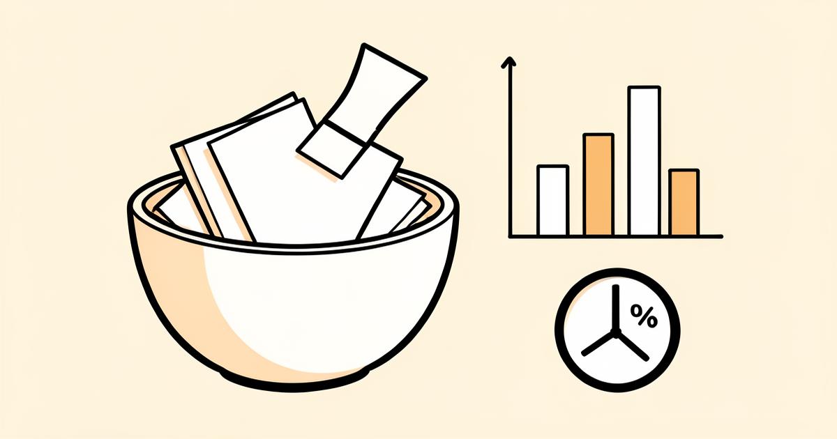 Illustration of a bowl of paper slips next to a bar chart and a percentage dial