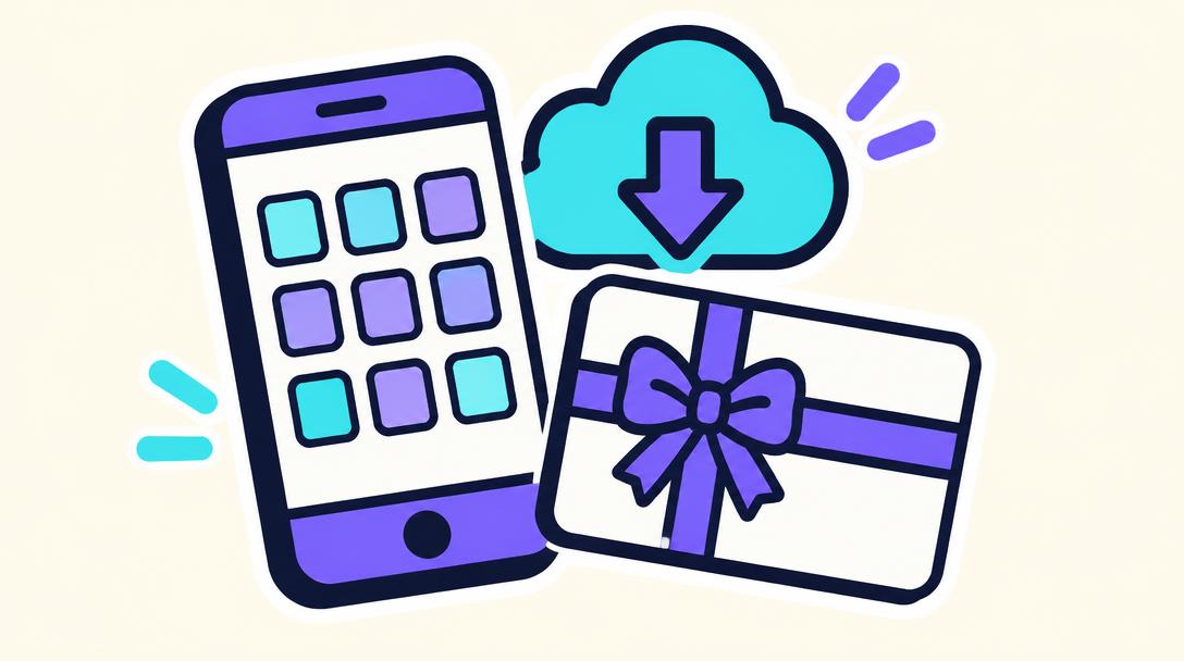 Illustration of a phone with app tiles, a download cloud and a gift card