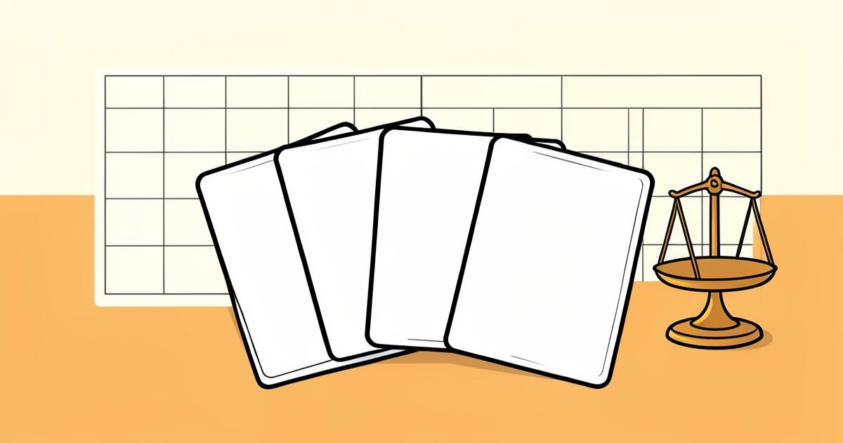 Illustration of several blank gift cards side by side in front of a comparison grid