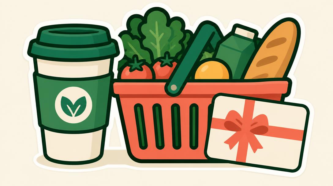 Illustration of a coffee cup, a grocery basket and a gift card
