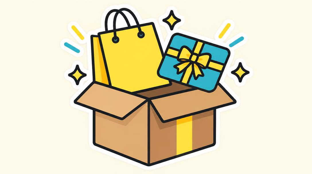 Illustration of a parcel with a shopping bag and a gift card