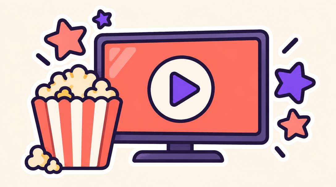 Illustration of a screen with a play button, popcorn and stars