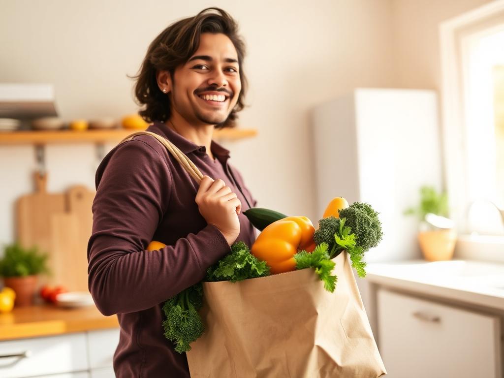 Smiling person carrying a paper grocery bag full of vegetables