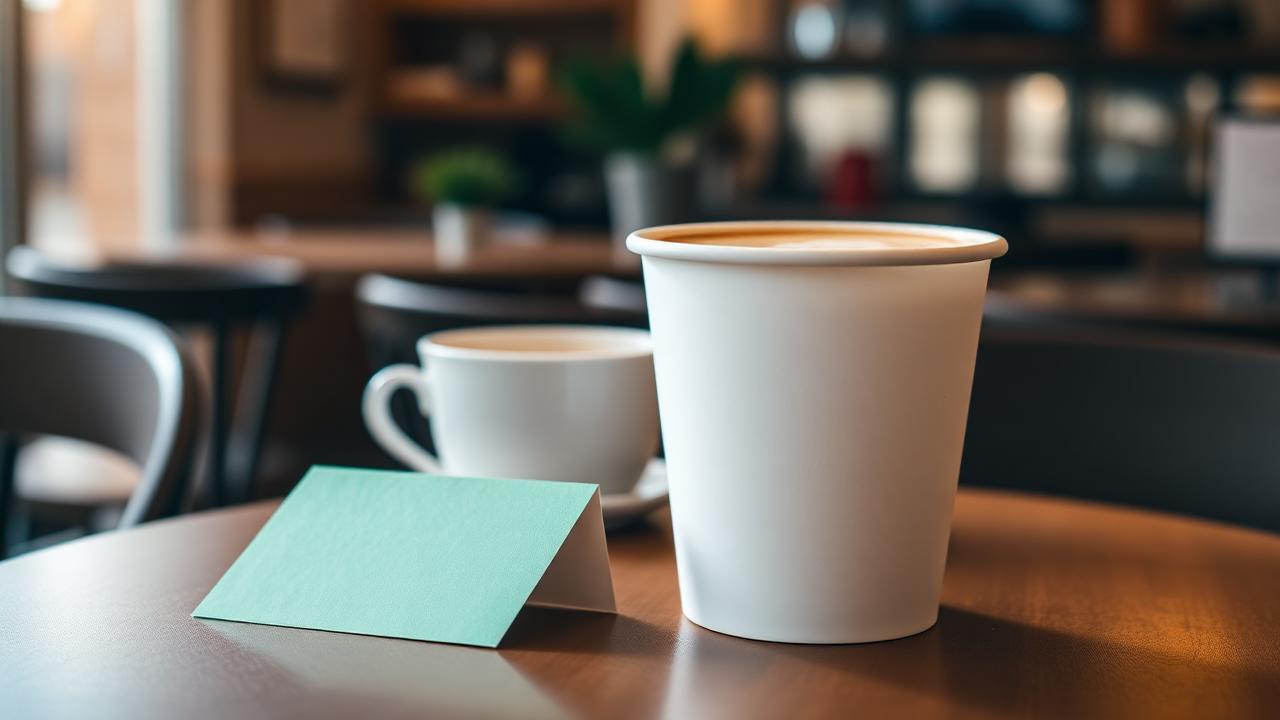 Plain white coffee cup with a blank green card on a cafe table