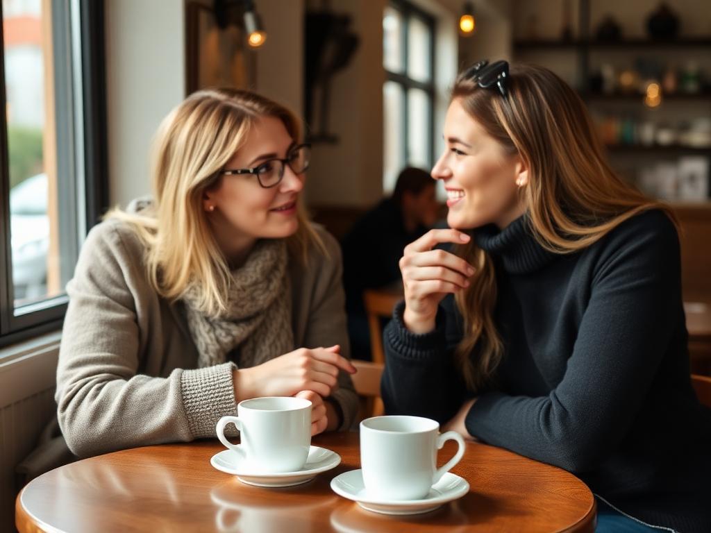 Zwei Freundinnen unterhalten sich bei Kaffee in einem gemütlichen Café