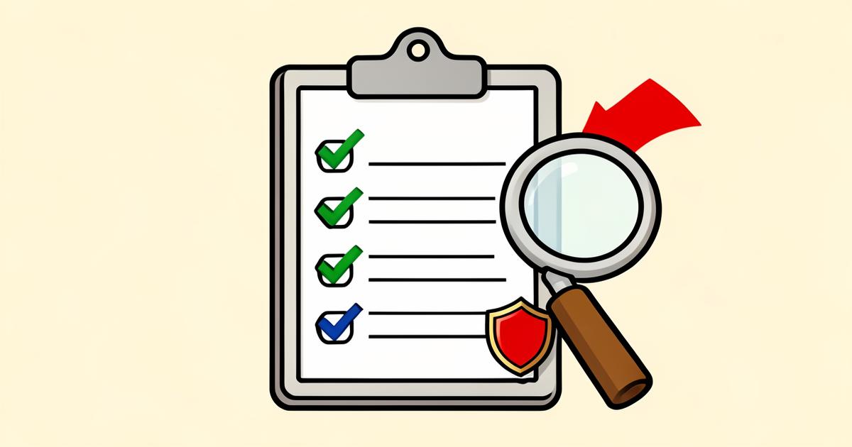 Illustration of a checklist with ticks, a red warning flag, a magnifying glass and a shield