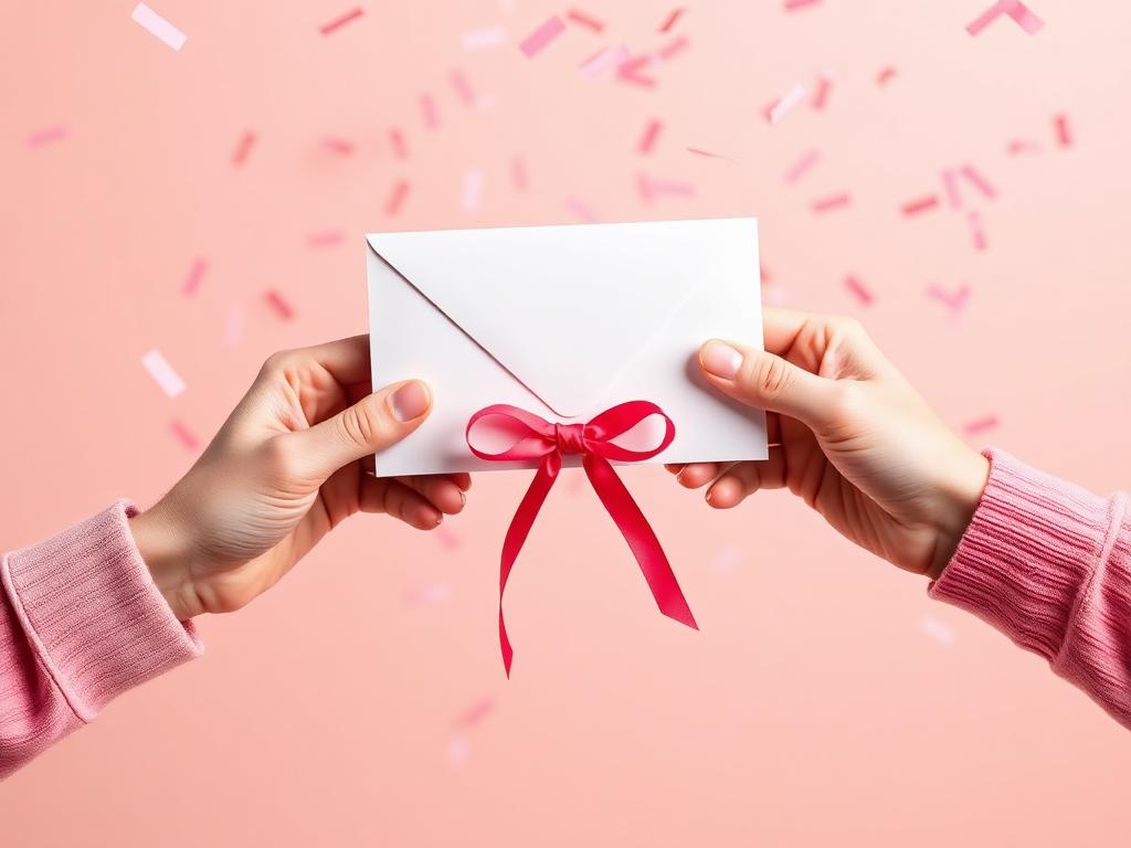Hands passing over a blank gift card envelope with a ribbon, confetti in the air